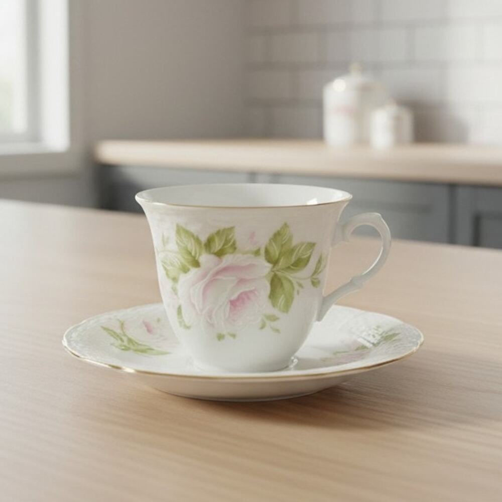 Vintage Thun Carlsbad Czech Porcelain Pink Rose Teacup Saucer Cottagecore